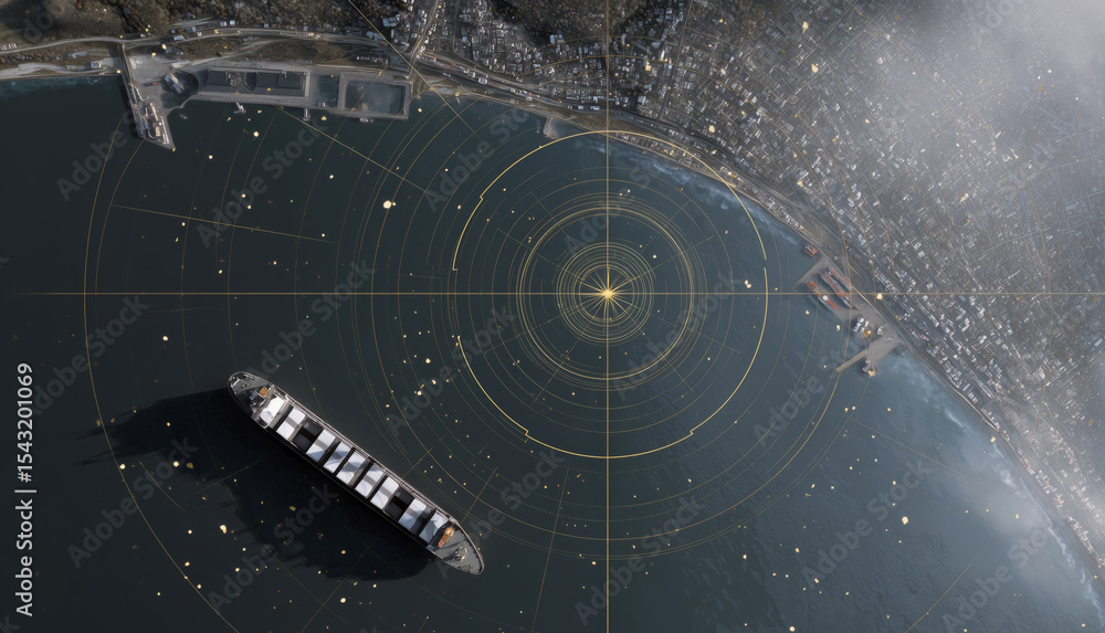 Poster A cargo ship utilizes autopilot technology while navigating coastal waters. Its advanced navigation system enables efficient transport of goods.