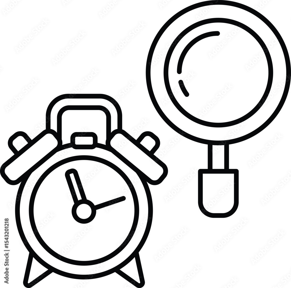 Poster alarm clock with a handle sits next to a magnifying glass