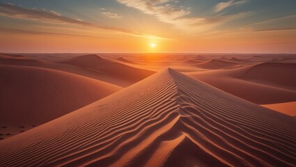 Naklejka premium Sunset over rolling sand dunes in a vast desert landscape