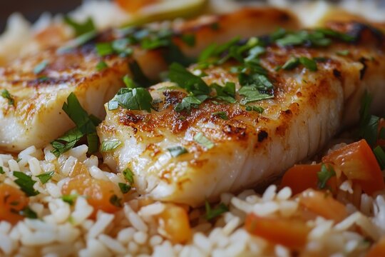 Close-up view of mutabbaq samak showcasing fish texture atop flavorful rice dish