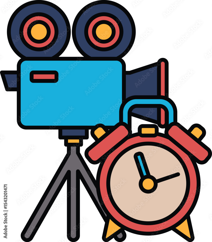 Poster a red alarm clock sits next to a camera and tripod