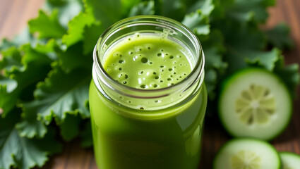 Invigorating green smoothie in mason jar with fresh kale and cucumber, embodying wellness and healthy living