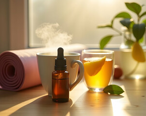 Invigorating Kapha Morning Ritual, A Serene Still Life of Wellness with Tea, Essential Oil, and Yoga Mat in Soft Light