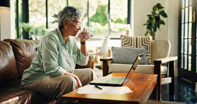Old woman, documents and drinking water in home with finance, laptop and review for financial results. Person, paperwork and thinking with computer, bills and glass with retirement planning at house - Powered by Adobe