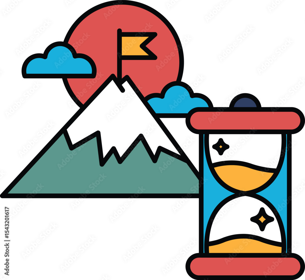 Poster a mountain is shown with a flag on top and a clock with a sand timer