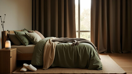 Inviting bedroom scene featuring plush olive bedding, cozy throws and soft natural light filtering through blackout curtains