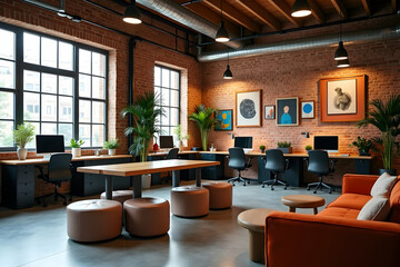 Inviting coworking space featuring exposed brick walls, natural light, and modern furnishings designed to foster collaboration and productivity