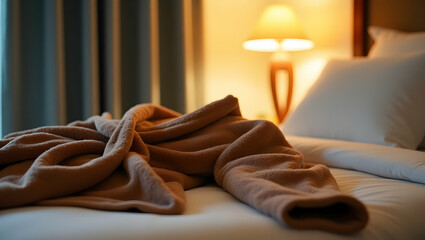 Inviting Cozy Night Scene, Plush Chestnut Blanket on a Crisp White Bed with a Warm Lamp Glow Beckoning Relaxation