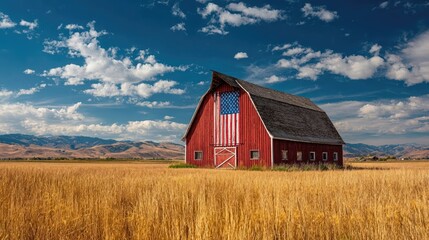 A patriotic red barn with an American flag painted on it stands in a golden wheat field.