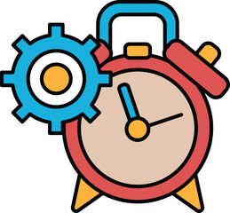 A red and blue clock with a gear next to it