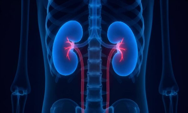 A detailed 3D medical illustration showcasing the human kidneys and ureters within a skeletal structure