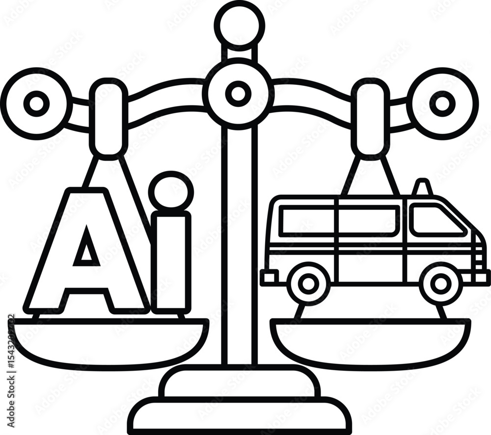 Poster a scale with the letters ai on one side and a van on the other