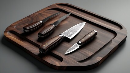 A set of elegant knives rests on a dark walnut cutting board