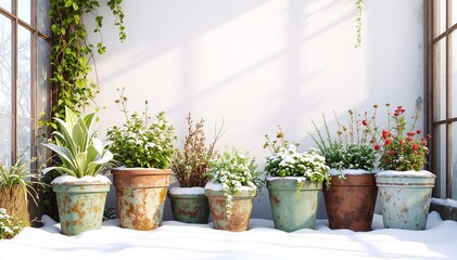 Fototapeta premium A vibrant row of ceramic pots, each filled with lush green plants, showcasing a variety of textures and shades, set against a bright, sunny backdrop.