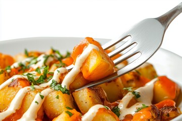 Delicious patatas bravas with sauce captured in a close-up, showcasing a fork lifting a piece of potato for a flavorful bite