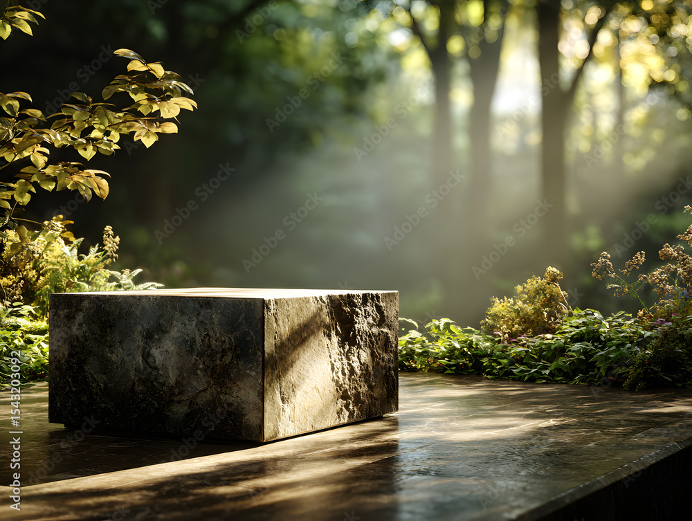 Aufkleber a stone podium with a smooth surface is placed in a forest clearing, surrounded by greenery and bath