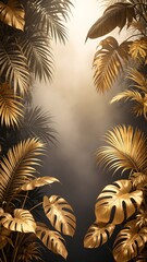 A vibrant tropical jungle teeming with lush greenery, featuring striking gold leaves shimmering in the sunlight, surrounded by diverse exotic plants.