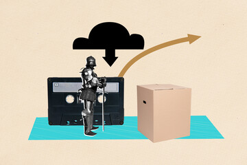 Banner sketch pop artwork collage of anonym man soldier wear steel armor retro cassette box...