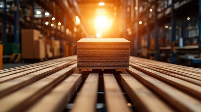 A neatly stacked pile of cardboard boxes stands prominently in a well-lit warehouse, illuminated by the warm glow of sunlight filtering through the space, creating depth.