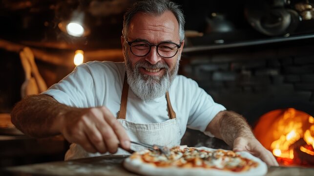 A passionate chef enjoys making pizza, showcasing his culinary skills in a warm and cozy kitchen setting, highlighting the joy of cooking and sharing food with others.