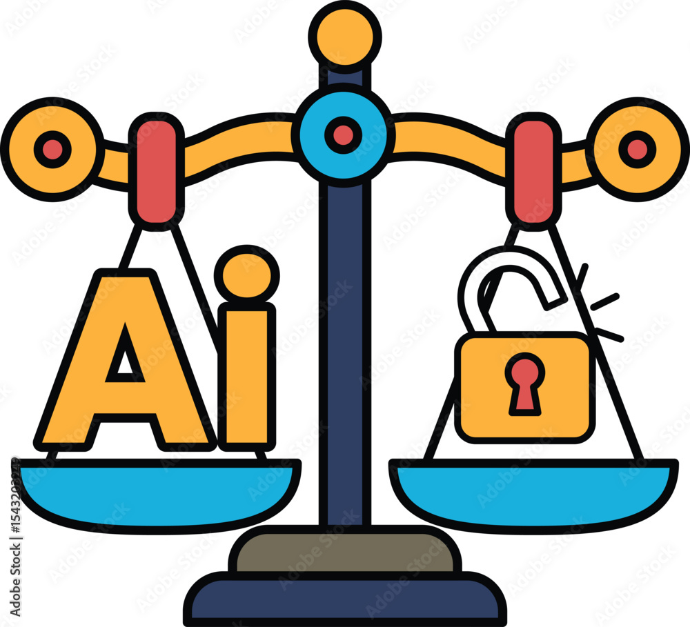 Poster a scale with the word ai on one side and a lock on the other