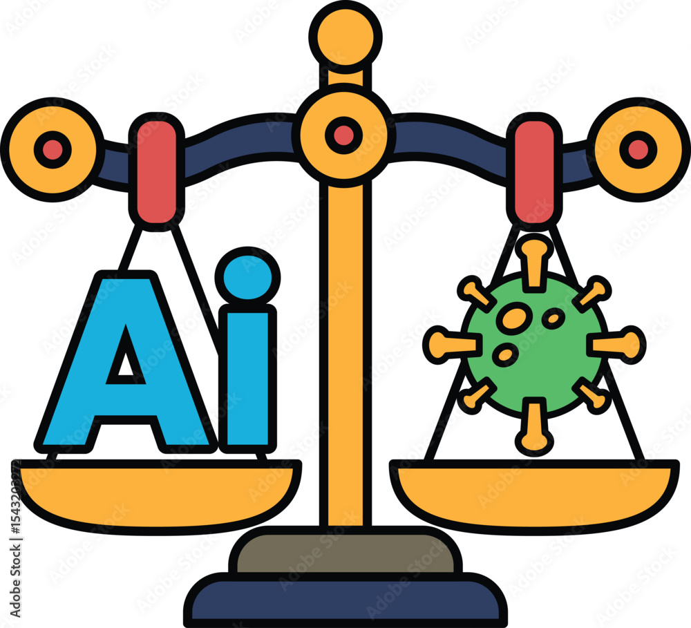 Poster a scale with the letters ai on one side and a virus on the other