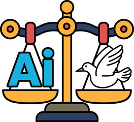 A balance scale with a dove on one side and the letters AI on the other