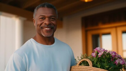 Friendly neighbor with housewarming gift on porch