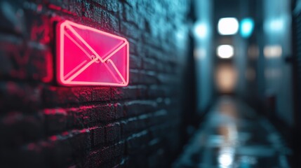A glowing neon envelope sign illuminates a dimly lit urban alley, capturing the interaction between modern technology and urban life, evoking a sense of mystery and intrigue.