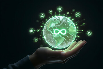 Hand Holding a Glowing Earth with Eco Icons and Infinity Symbol.