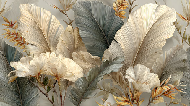A refined wallpaper design showcasing a blend of tropical leaves in muted shades of grey, ivory, and sand; the subtle contrast of the neutral colors adds depth and texture to the