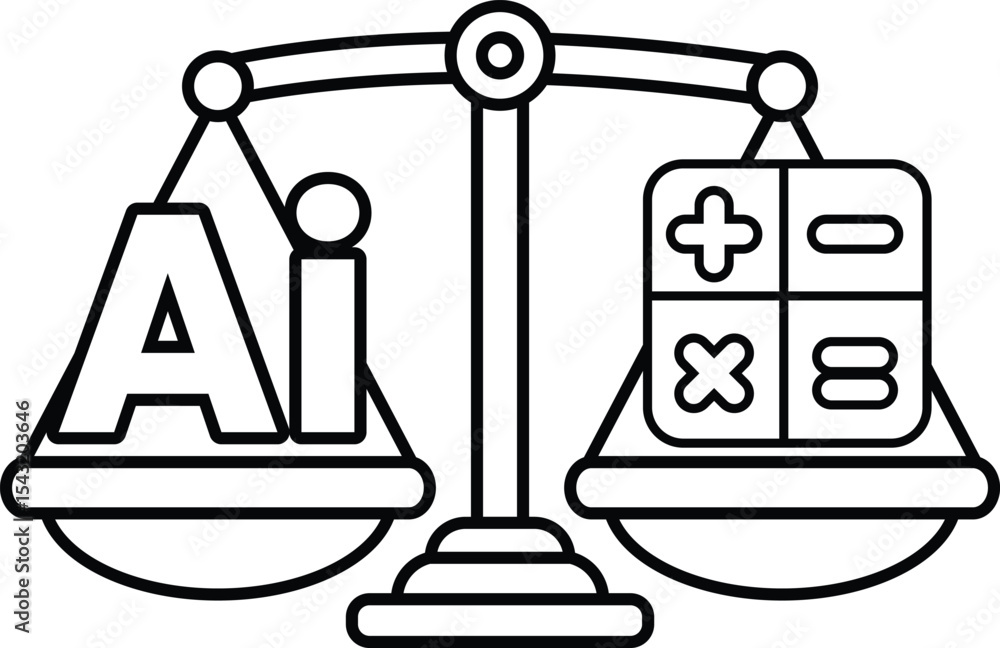 Poster a scale with the word ai on one side and a calculator on the other