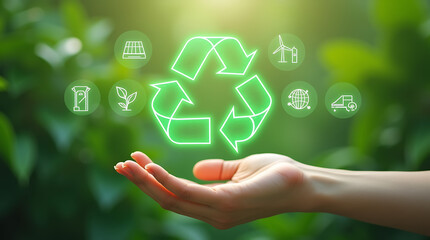 Hands Holding a Glowing Recycle Symbol with Eco Icons on Green Background.