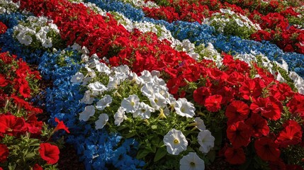 A large flowerbed is planted with red white and blue flowers in a patriotic pattern.