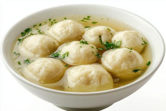Poltava halushky swimming in clear broth enriched with butter, served in a classic white bowl on a clean surface