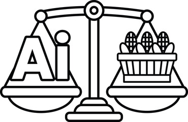 A scale with the letters AI on one side and a basket of corn on the other