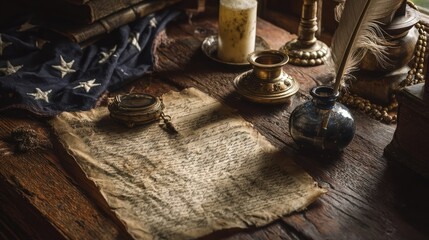 An old parchment document on a wooden desk with an American flag and a vintage compass.