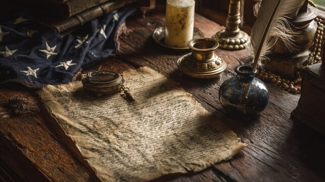 An old parchment document on a wooden desk with an American flag and a vintage compass. - Powered by Adobe