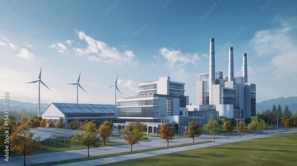 Poster a large industrial facility demonstrating renewable energy like wind turbines and solar panels, enha