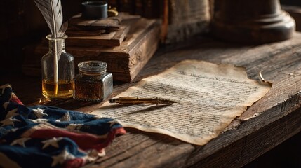 The signing of a historic American document is depicted with a quill pen and antique paper.
