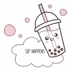 Cute cartoon boba tea cup sip happens illustration
