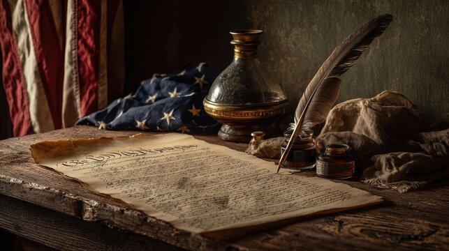A patriotic scene representing the founding of the USA with a historic document and flag.