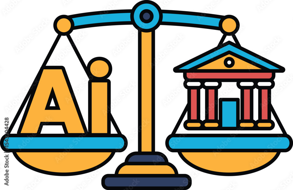 Poster a scale with the letters ai on one side and a building on the other