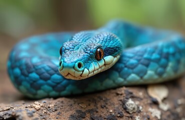 Fototapeta premium Viper snake closeup. Blue snake, venomous Trimeresurus insularis viper resting on the rock. Reptile with detailed scales skin. Wildlife animal in forest. Exotic dangerous species.