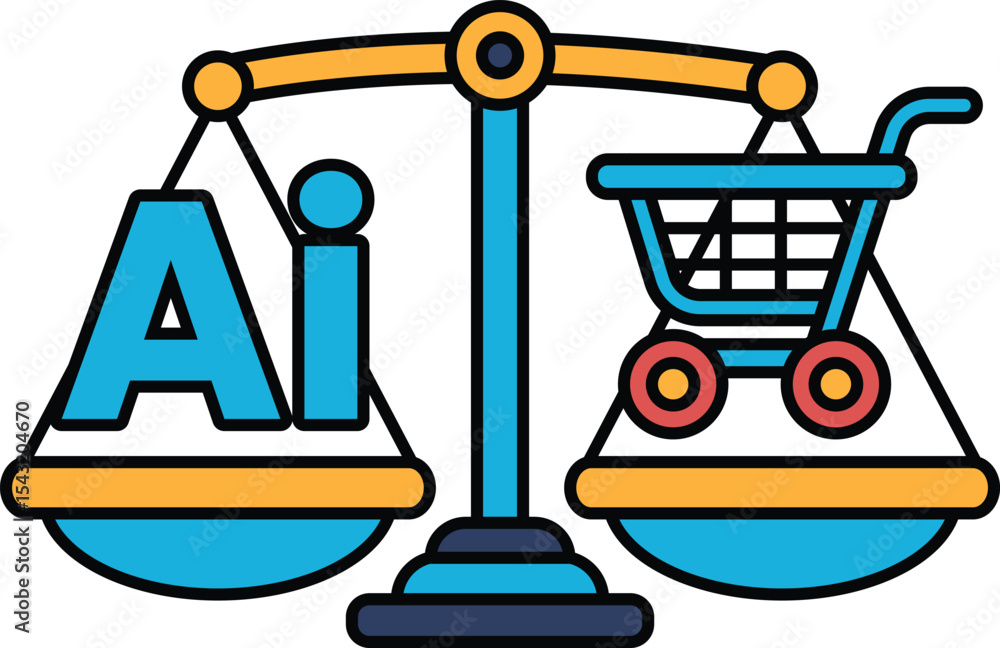 Poster a scale with a shopping cart on one side and the word ai on the other