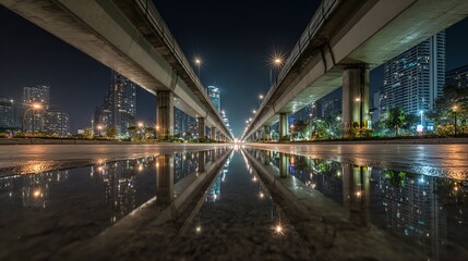 Fototapeta premium Night scene of an abandoned bridge in the city, with reflections on the wet pavement and buildings reflecting light. The composition is symmetrical, showcasing modern architecture against a dark sky. 