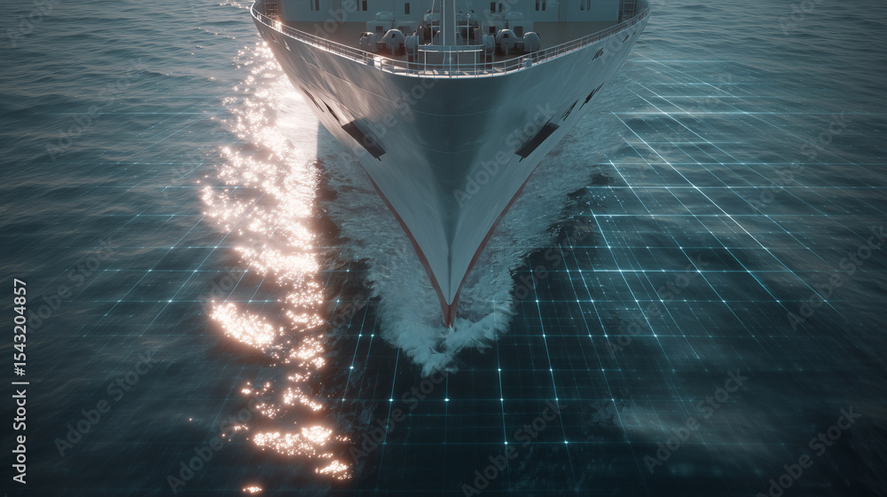 Poster A modern ship utilizes autopilot technology for navigation while transporting cargo across open waters.