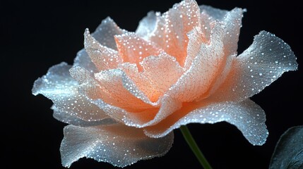Delicate peach rose with dew drops against dark background capturing ethereal beauty close up view