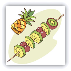 Realistic 3D Icon Cartoon of Flying Fruit Skewers with Pineapple, Grapes, and Kiwi on a Light Pastel Mint Green Background