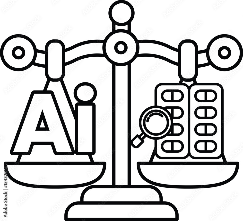 Poster a scale with the letters ai on one side and a magnifying glass on the other